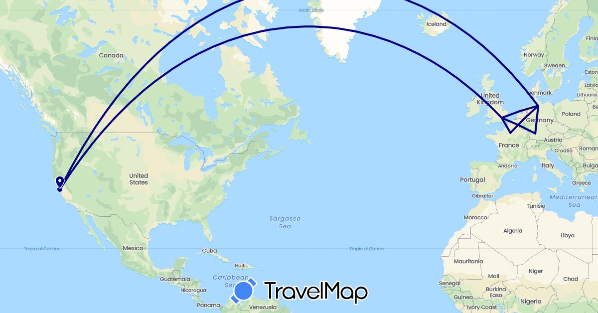 TravelMap itinerary: driving in Germany, France, United Kingdom, United States (Europe, North America)